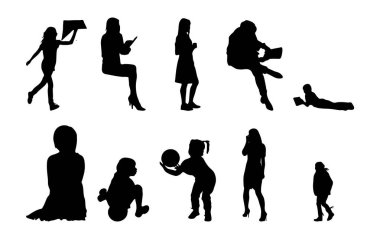 Vektör siluetleri, insanların ana hatları, Contour çizimleri, insanların siluetleri, ikon kümesi izole edilmiş, oturan insanların silueti, mimari set