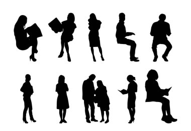 Vektör siluetleri, insanların ana hatları, Contour çizimleri, insanların siluetleri, ikon kümesi izole edilmiş, oturan insanların silueti, mimari set