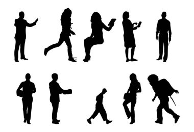 Vektör siluetleri, insanların ana hatları, Contour çizimleri, insanların siluetleri, ikon kümesi izole edilmiş, oturan insanların silueti, mimari set