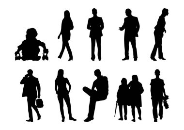 Vektör siluetleri, insanların ana hatları, Contour çizimleri, insanların siluetleri, ikon kümesi izole edilmiş, oturan insanların silueti, mimari set