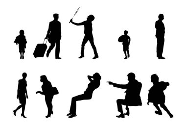 Vektör siluetleri, insanların ana hatları, Contour çizimleri, insanların siluetleri, ikon kümesi izole edilmiş, oturan insanların silueti, mimari set