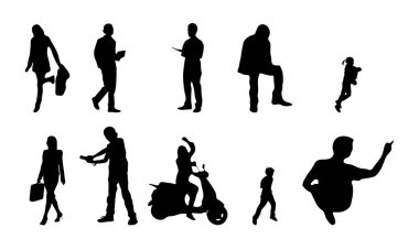 Vektör siluetleri, insanların ana hatları, Contour çizimleri, insanların siluetleri, ikon kümesi izole edilmiş, oturan insanların silueti, mimari set