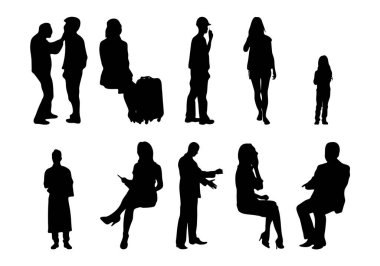 Vektör siluetleri, insanların ana hatları, Contour çizimleri, insanların siluetleri, ikon kümesi izole edilmiş, oturan insanların silueti, mimari set