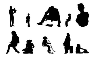 Vektör siluetleri, insanların ana hatları, Contour çizimleri, insanların siluetleri, ikon kümesi izole edilmiş, oturan insanların silueti, mimari set