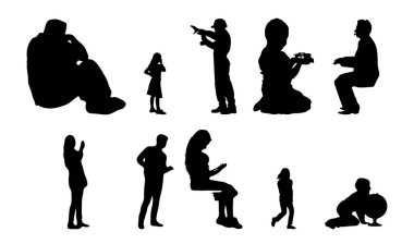 Vektör siluetleri, insanların ana hatları, Contour çizimleri, insanların siluetleri, ikon kümesi izole edilmiş, oturan insanların silueti, mimari set