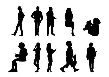 Vektör siluetleri, insanların ana hatları, Contour çizimleri, insanların siluetleri, ikon kümesi izole edilmiş, oturan insanların silueti, mimari set