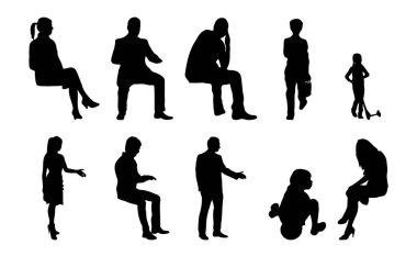 Vektör siluetleri, insanların ana hatları, Contour çizimleri, insanların siluetleri, ikon kümesi izole edilmiş, oturan insanların silueti, mimari set
