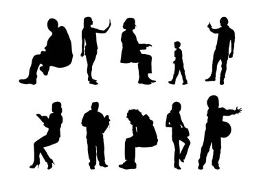 Vektör siluetleri, insanların ana hatları, Contour çizimleri, insanların siluetleri, ikon kümesi izole edilmiş, oturan insanların silueti, mimari set