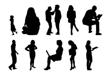 Vektör siluetleri, insanların ana hatları, Contour çizimleri, insanların siluetleri, ikon kümesi izole edilmiş, oturan insanların silueti, mimari set