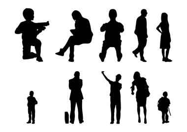 Vektör siluetleri, insanların ana hatları, Contour çizimleri, insanların siluetleri, ikon kümesi izole edilmiş, oturan insanların silueti, mimari set