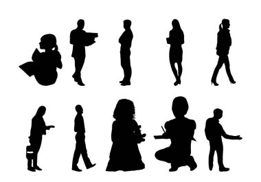 Vektör siluetleri, insanların ana hatları, Contour çizimleri, insanların siluetleri, ikon kümesi izole edilmiş, oturan insanların silueti, mimari set