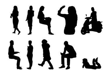 Vektör siluetleri, insanların ana hatları, Contour çizimleri, insanların siluetleri, ikon kümesi izole edilmiş, oturan insanların silueti, mimari set