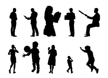 Vektör siluetleri, insanların ana hatları, Contour çizimleri, insanların siluetleri, ikon kümesi izole edilmiş, oturan insanların silueti, mimari set