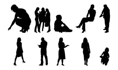 Vektör siluetleri, insanların ana hatları, Contour çizimleri, insanların siluetleri, ikon kümesi izole edilmiş, oturan insanların silueti, mimari set