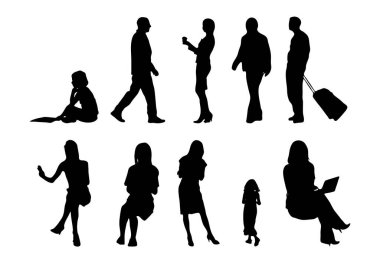 Vektör siluetleri, insanların ana hatları, Contour çizimleri, insanların siluetleri, ikon kümesi izole edilmiş, oturan insanların silueti, mimari set