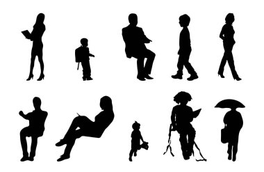 Vektör siluetleri, insanların ana hatları, Contour çizimleri, insanların siluetleri, ikon kümesi izole edilmiş, oturan insanların silueti, mimari set
