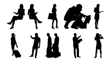 Vektör siluetleri, insanların ana hatları, Contour çizimleri, insanların siluetleri, ikon kümesi izole edilmiş, oturan insanların silueti, mimari set
