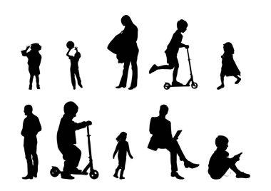 Vektör siluetleri, insanların ana hatları, Contour çizimleri, insanların siluetleri, ikon kümesi izole edilmiş, oturan insanların silueti, mimari set