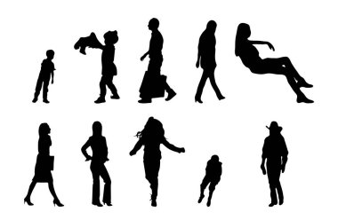 Vektör siluetleri, insanların ana hatları, Contour çizimleri, insanların siluetleri, ikon kümesi izole edilmiş, oturan insanların silueti, mimari set
