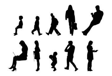 Vektör siluetleri, insanların ana hatları, Contour çizimleri, insanların siluetleri, ikon kümesi izole edilmiş, oturan insanların silueti, mimari set