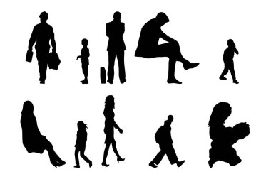 Vektör siluetleri, insanların ana hatları, Contour çizimleri, insanların siluetleri, ikon kümesi izole edilmiş, oturan insanların silueti, mimari set