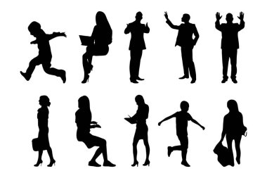 Vektör siluetleri, insanların ana hatları, Contour çizimleri, insanların siluetleri, ikon kümesi izole edilmiş, oturan insanların silueti, mimari set