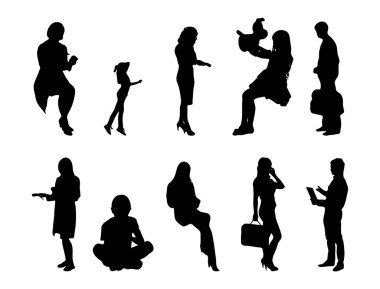 Vektör siluetleri, insanların ana hatları, Contour çizimleri, insanların siluetleri, ikon kümesi izole edilmiş, oturan insanların silueti, mimari set