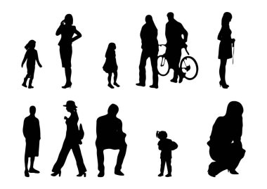 Vektör siluetleri, insanların ana hatları, Contour çizimleri, insanların siluetleri, ikon kümesi izole edilmiş, oturan insanların silueti, mimari set