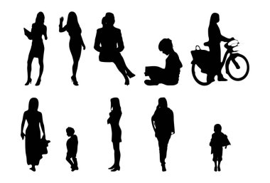 Vektör siluetleri, insanların ana hatları, Contour çizimleri, insanların siluetleri, ikon kümesi izole edilmiş, oturan insanların silueti, mimari set