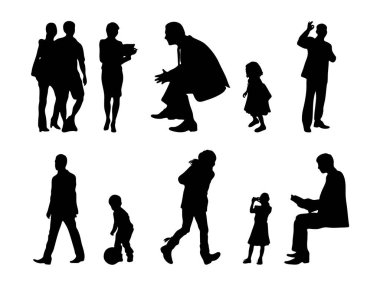 Vektör siluetleri, insanların ana hatları, Contour çizimleri, insanların siluetleri, ikon kümesi izole edilmiş, oturan insanların silueti, mimari set