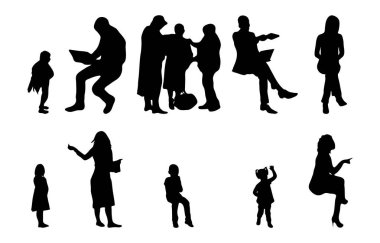 Vektör siluetleri, insanların ana hatları, Contour çizimleri, insanların siluetleri, ikon kümesi izole edilmiş, oturan insanların silueti, mimari set