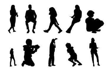 Vektör siluetleri, insanların ana hatları, Contour çizimleri, insanların siluetleri, ikon kümesi izole edilmiş, oturan insanların silueti, mimari set