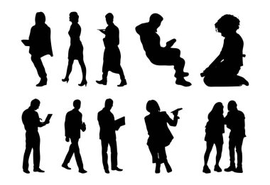 Vektör siluetleri, insanların ana hatları, Contour çizimleri, insanların siluetleri, ikon kümesi izole edilmiş, oturan insanların silueti, mimari set
