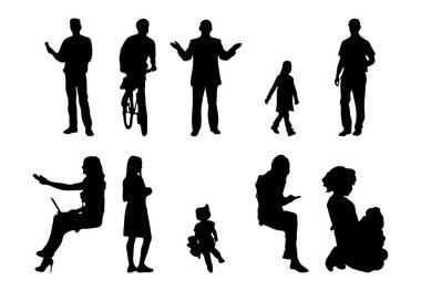 Vektör siluetleri, insanların ana hatları, Contour çizimleri, insanların siluetleri, ikon kümesi izole edilmiş, oturan insanların silueti, mimari set
