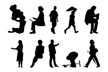 Vektör siluetleri, insanların ana hatları, Contour çizimleri, insanların siluetleri, ikon kümesi izole edilmiş, oturan insanların silueti, mimari set