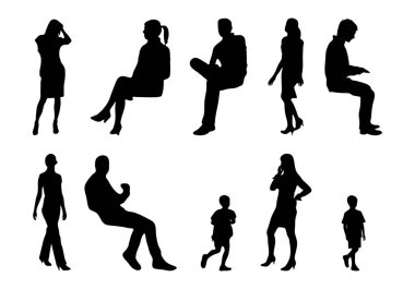 Vektör siluetleri, insanların ana hatları, Contour çizimleri, insanların siluetleri, ikon kümesi izole edilmiş, oturan insanların silueti, mimari set