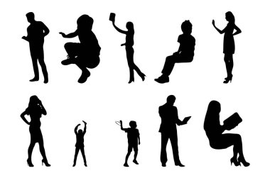 Vektör siluetleri, insanların ana hatları, Contour çizimleri, insanların siluetleri, ikon kümesi izole edilmiş, oturan insanların silueti, mimari set