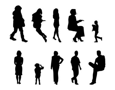 Vektör siluetleri, insanların ana hatları, Contour çizimleri, insanların siluetleri, ikon kümesi izole edilmiş, oturan insanların silueti, mimari set