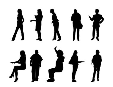 Vektör siluetleri, insanların ana hatları, Contour çizimleri, insanların siluetleri, ikon kümesi izole edilmiş, oturan insanların silueti, mimari set