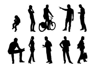 Vektör siluetleri, insanların ana hatları, Contour çizimleri, insanların siluetleri, ikon kümesi izole edilmiş, oturan insanların silueti, mimari set
