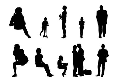 Vektör siluetleri, insanların ana hatları, Contour çizimleri, insanların siluetleri, ikon kümesi izole edilmiş, oturan insanların silueti, mimari set