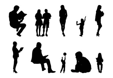 Vektör siluetleri, insanların ana hatları, Contour çizimleri, insanların siluetleri, ikon kümesi izole edilmiş, oturan insanların silueti, mimari set