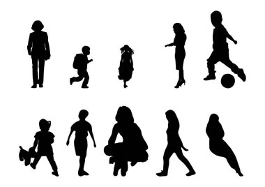 Vektör siluetleri, insanların ana hatları, Contour çizimleri, insanların siluetleri, ikon kümesi izole edilmiş, oturan insanların silueti, mimari set