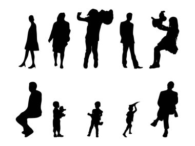 Vektör siluetleri, insanların ana hatları, Contour çizimleri, insanların siluetleri, ikon kümesi izole edilmiş, oturan insanların silueti, mimari set