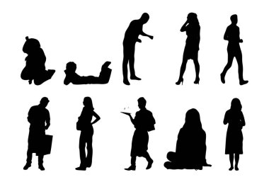 Vektör siluetleri, insanların ana hatları, Contour çizimleri, insanların siluetleri, ikon kümesi izole edilmiş, oturan insanların silueti, mimari set