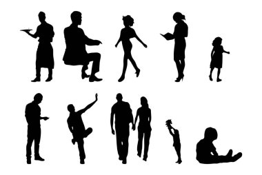 Vektör siluetleri, insanların ana hatları, Contour çizimleri, insanların siluetleri, ikon kümesi izole edilmiş, oturan insanların silueti, mimari set