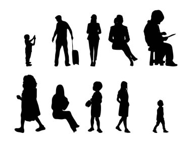 Vektör siluetleri, insanların ana hatları, Contour çizimleri, insanların siluetleri, ikon kümesi izole edilmiş, oturan insanların silueti, mimari set