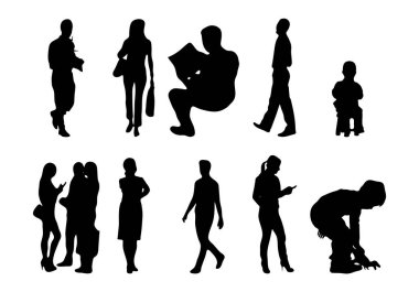 Vektör siluetleri, insanların ana hatları, Contour çizimleri, insanların siluetleri, ikon kümesi izole edilmiş, oturan insanların silueti, mimari set