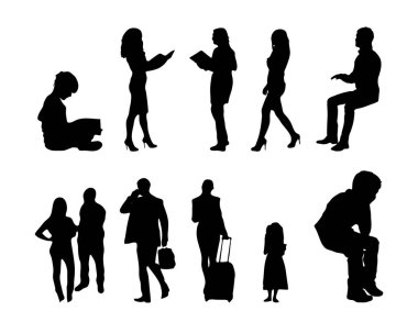 Vektör siluetleri, insanların ana hatları, Contour çizimleri, insanların siluetleri, ikon kümesi izole edilmiş, oturan insanların silueti, mimari set