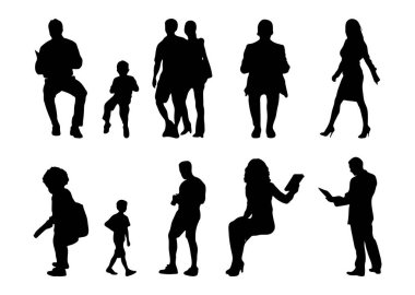 Vektör siluetleri, insanların ana hatları, Contour çizimleri, insanların siluetleri, ikon kümesi izole edilmiş, oturan insanların silueti, mimari set